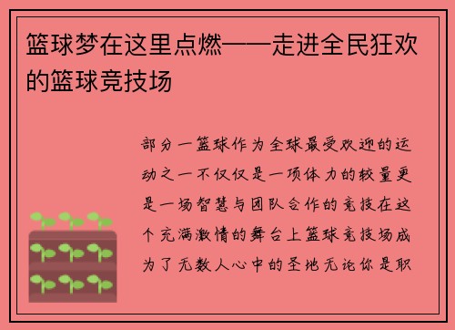 篮球梦在这里点燃——走进全民狂欢的篮球竞技场