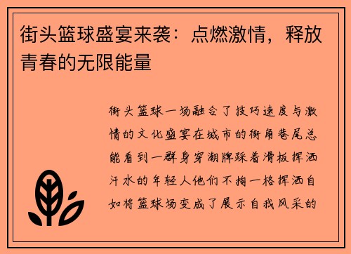 街头篮球盛宴来袭:点燃激情,释放青春的无限能量