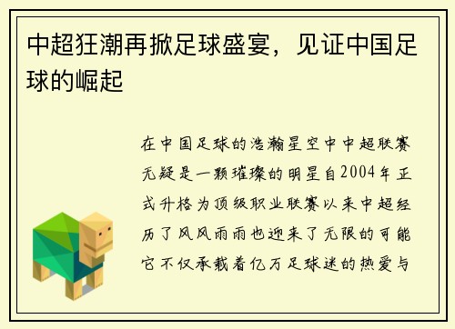 中超狂潮再掀足球盛宴,见证中国足球的崛起