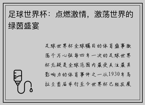 足球世界杯：点燃激情，激荡世界的绿茵盛宴