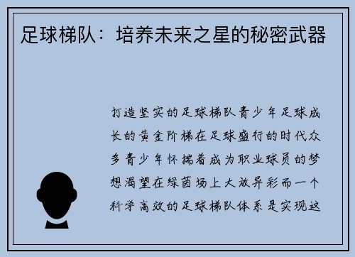 足球梯队：培养未来之星的秘密武器