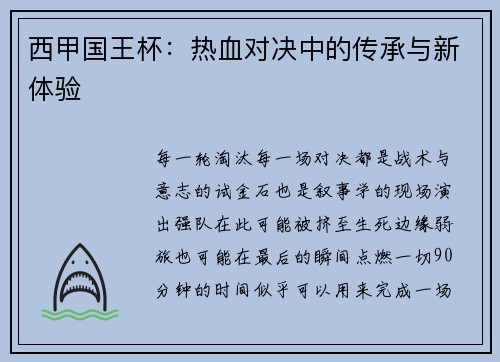 西甲国王杯:热血对决中的传承与新体验